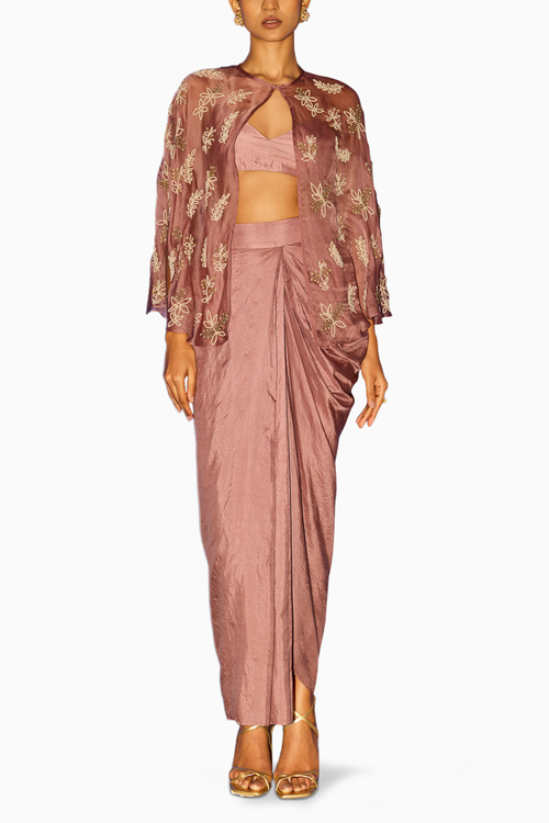 Pearl Motifs Cape with Bralette and Dhoti Skirt