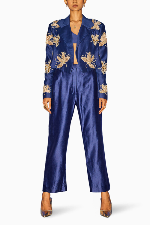 Embroidered Blue Cropped Blazer Set