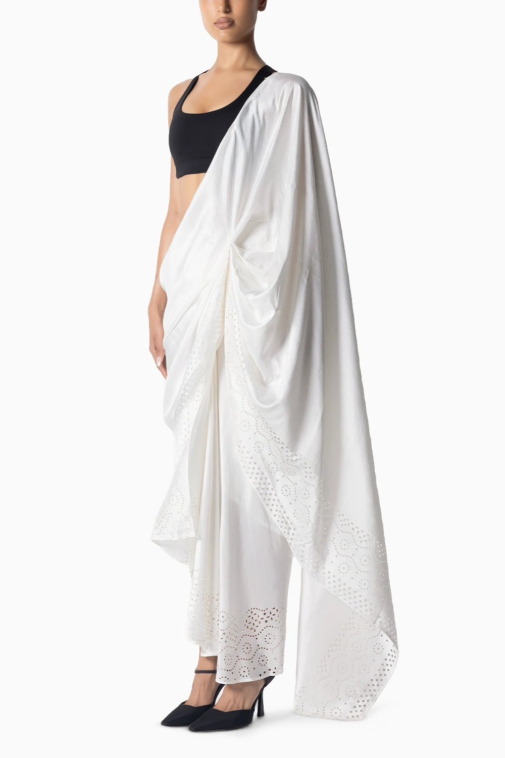 White Cutwork Godet Sari