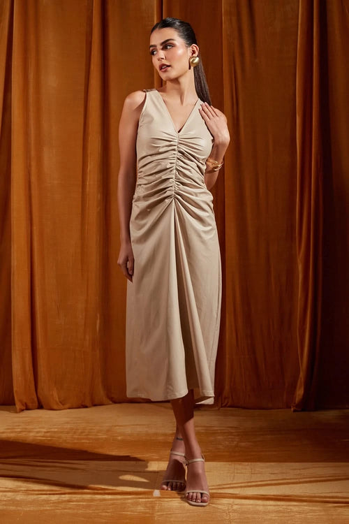 Crème Faux Leather Ruched Midi Dress