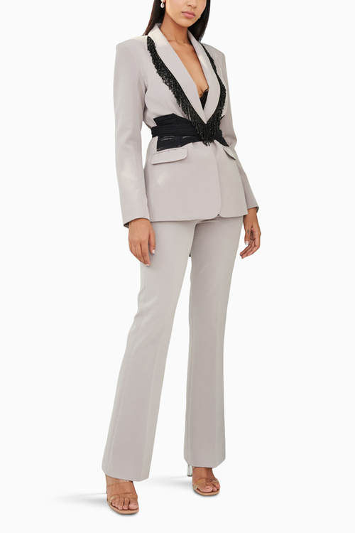 Grey knot Blazer suit with Tassels Detailing