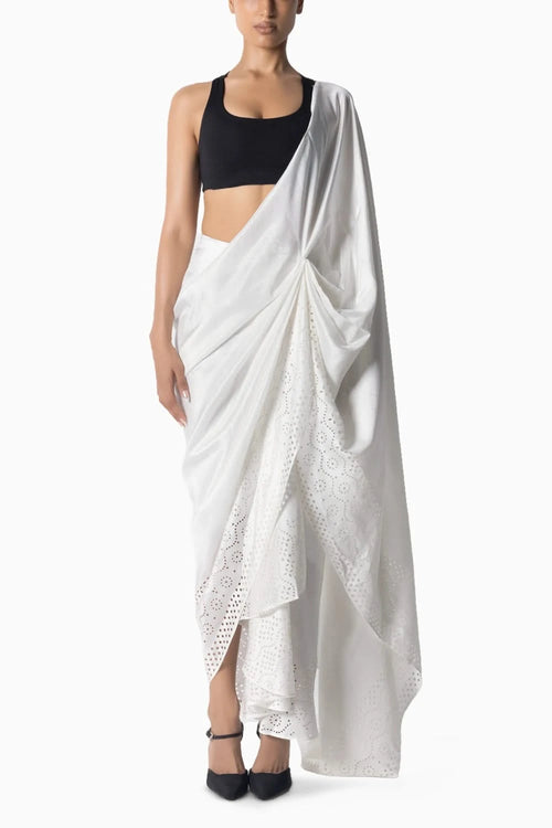 White Cutwork Godet Sari