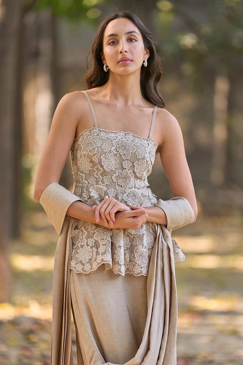 Embroidered Lace Peplum Top And Linen Sari Set