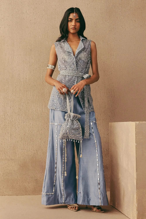Sky Blue Hand Embroidered Flared Pants