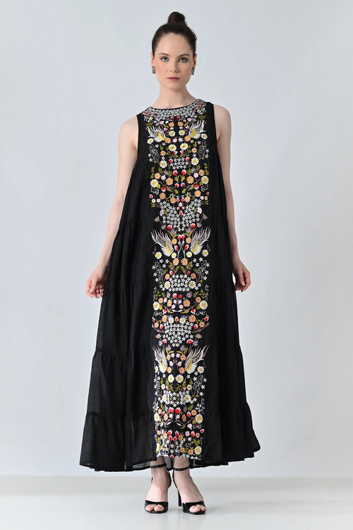 Black Embroidered Tiered Long Dress