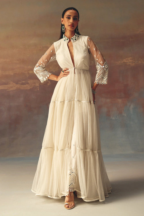 Ivory Backless Anarkali Jacket and Palazzos with Mirrorwork