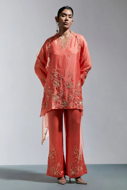 Vermilion Hand-Embroidered Organza Dupatta