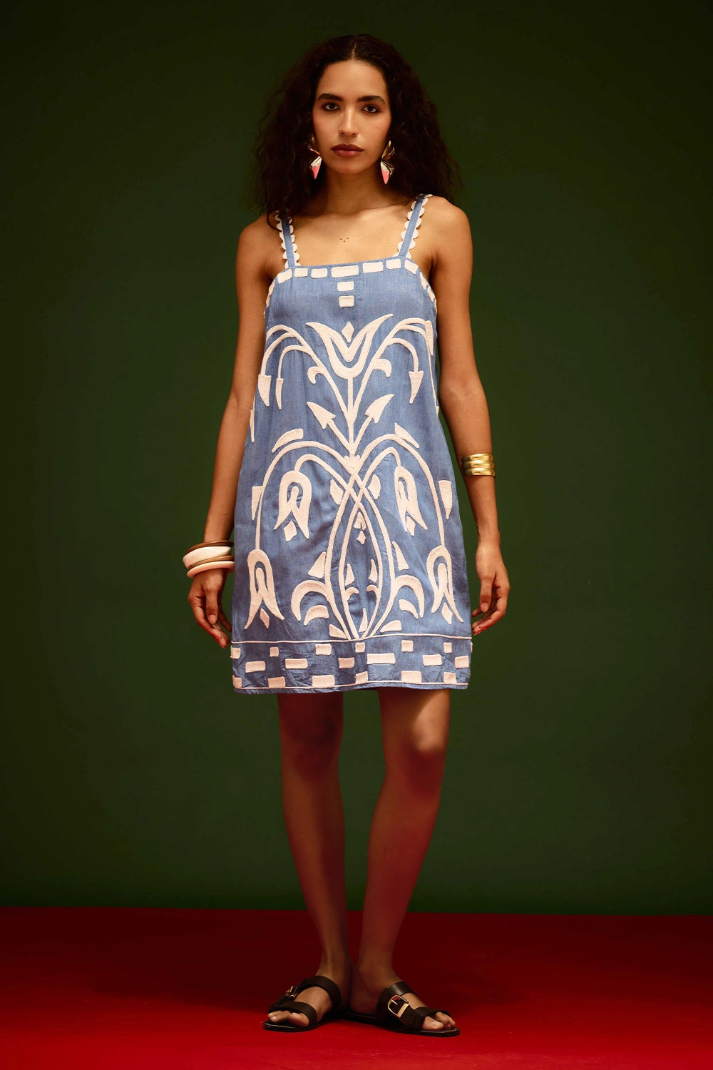 Denim Blue Strappy Shift Dress with Thread Embroidery