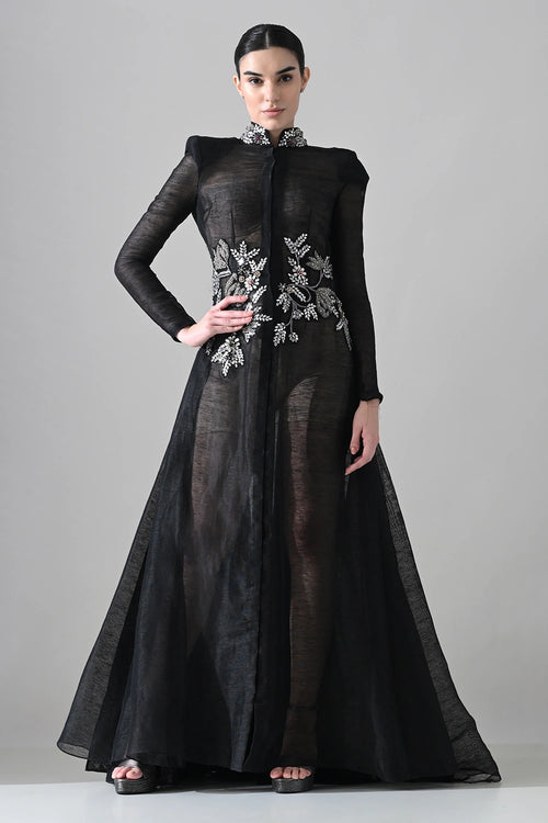 Black Silhouette Withsheer Layers And Silver Embroidery