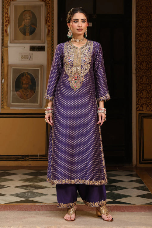 Ahista Purple Printed Pakhi Yoke Heavy Straight Kurta Set