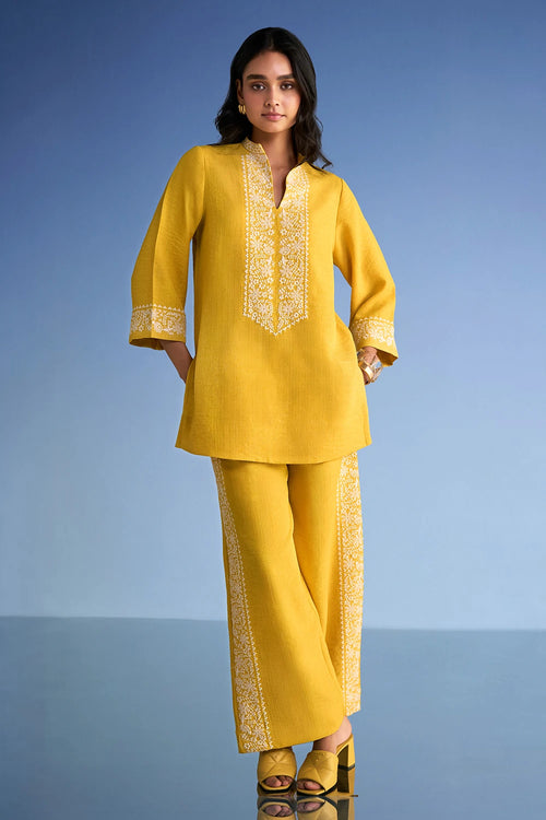 Embroidered Linen-Textured Pant