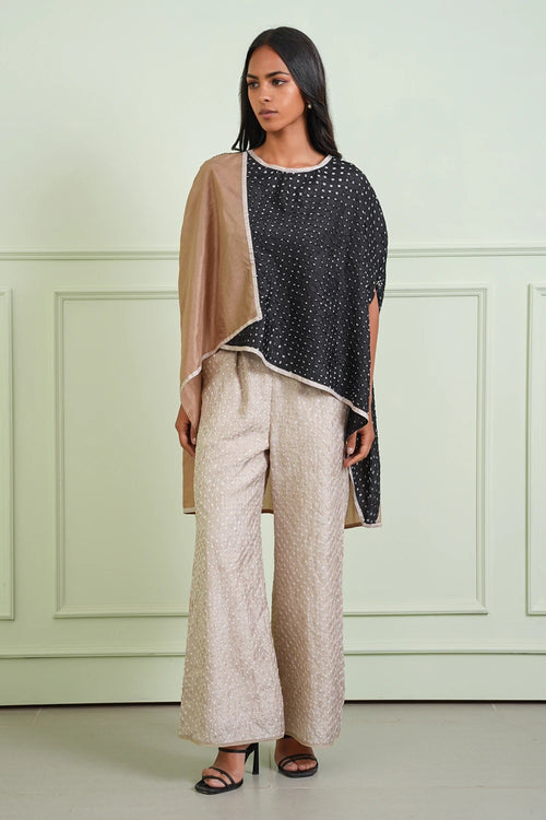 Black and Taupe Crushed Bandhani Asym Top