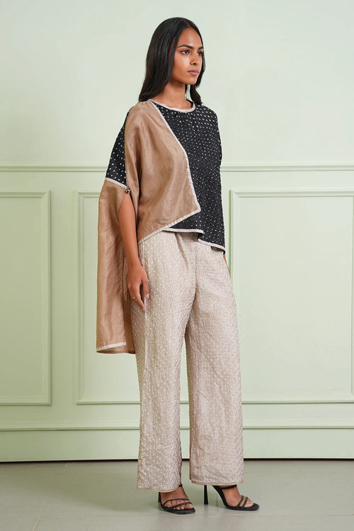Black and Taupe Crushed Bandhani Asym Top
