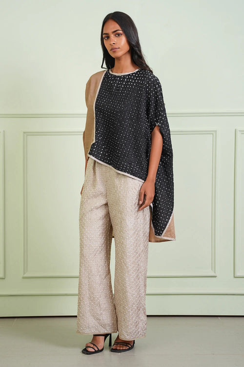 Black and Taupe Crushed Bandhani Asym Top