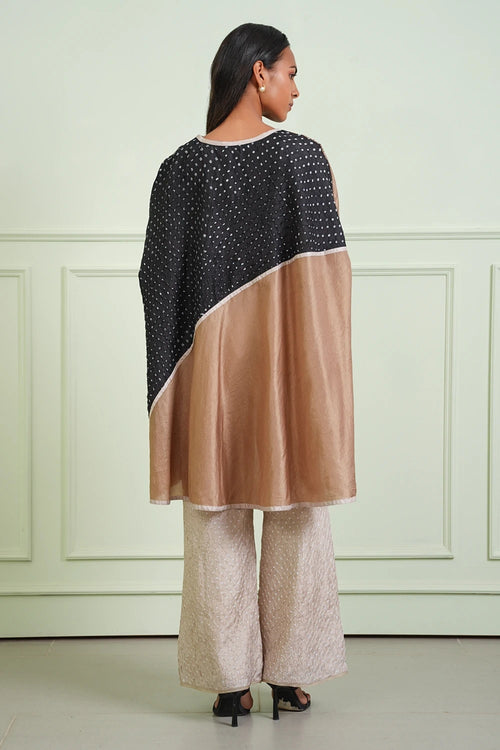 Black and Taupe Crushed Bandhani Asym Top