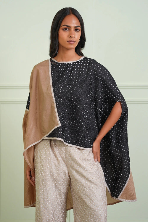 Black and Taupe Crushed Bandhani Asym Top