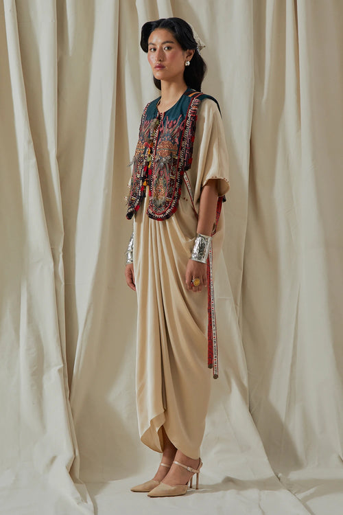 Ecru Kora Zuri Gilet With Silk Zia Dress