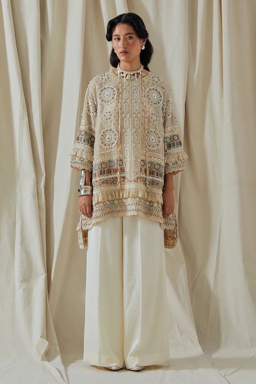 Mogra Kora Printed Embellished Mitra Short Kurta With Trousers