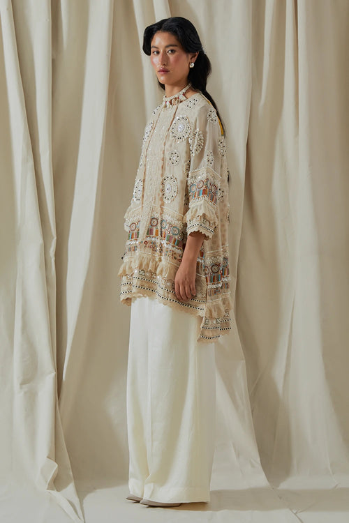 Mogra Kora Printed Embellished Mitra Short Kurta With Trousers