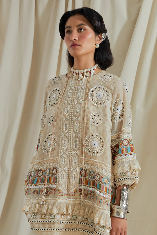 Mogra Kora Printed Embellished Mitra Short Kurta With Trousers