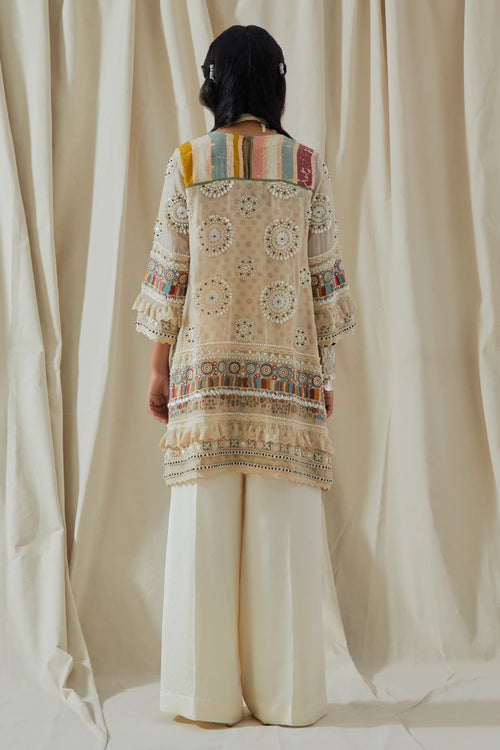 Mogra Kora Printed Embellished Mitra Short Kurta With Trousers