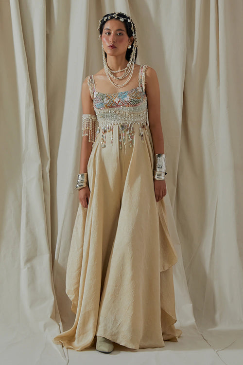 Ecru Kora Veni Organza Dupatta Jacket With Jumpsuit