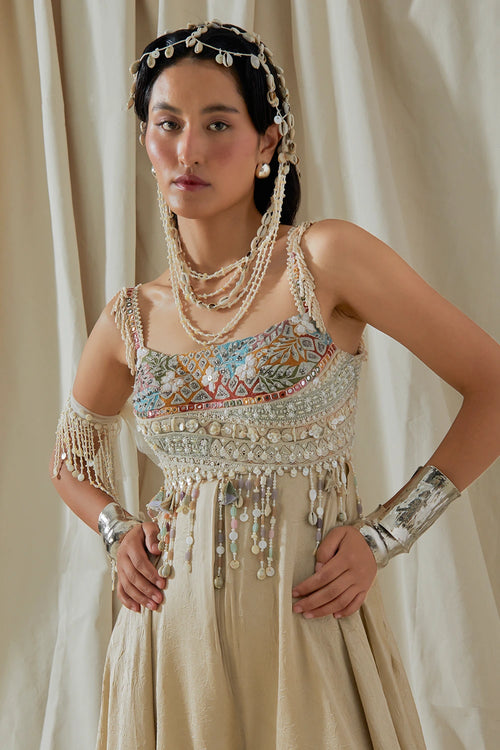 Ecru Kora Veni Organza Dupatta Jacket With Jumpsuit