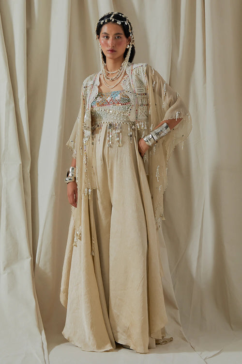 Ecru Kora Veni Organza Dupatta Jacket With Jumpsuit
