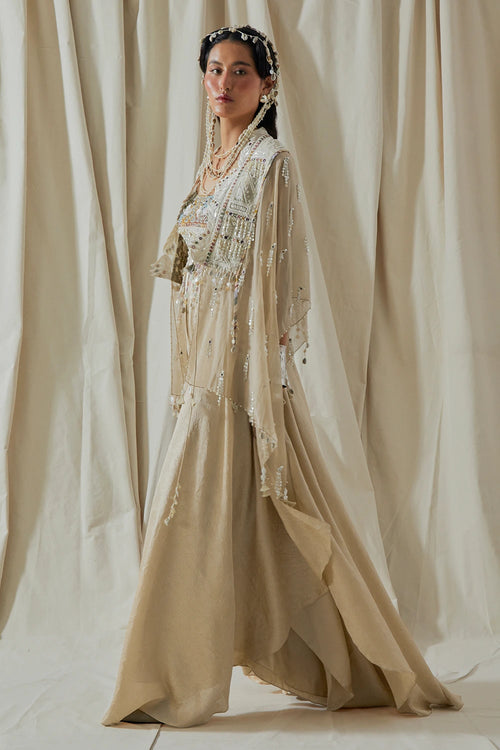Ecru Kora Veni Organza Dupatta Jacket With Jumpsuit