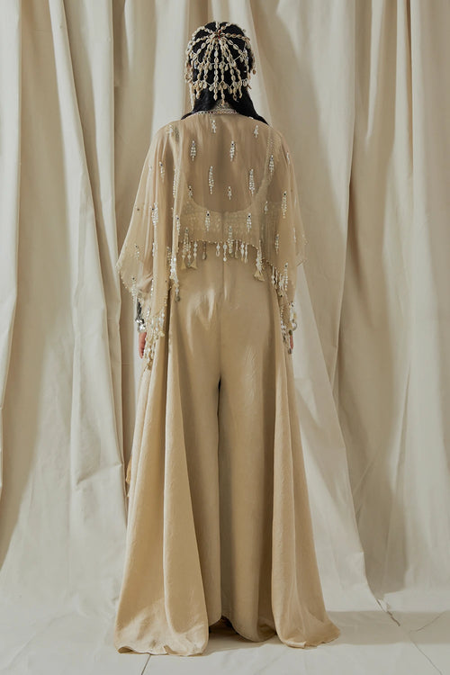 Ecru Kora Veni Organza Dupatta Jacket With Jumpsuit