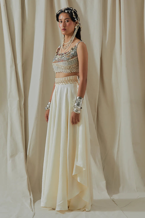 Mogra Kora Embellished Kalpa Blouse With Skirt