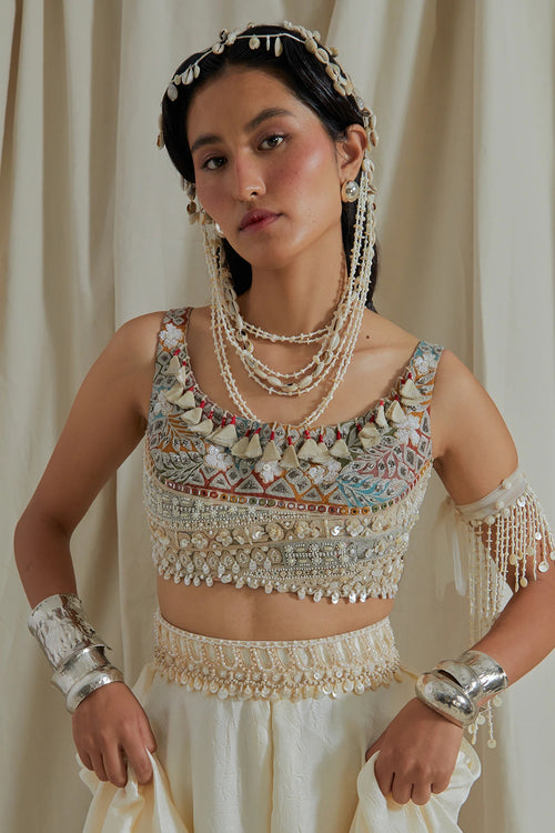Mogra Kora Kalpa Blouse With Skirt And Dupatta