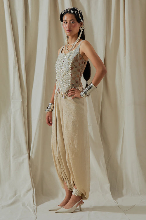 Ecru Kora Bhumi Corset Blouse With Trousers