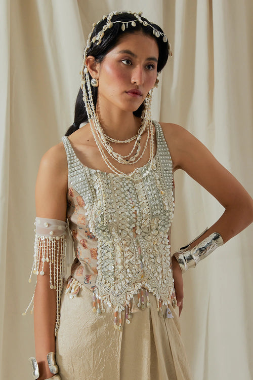 Ecru Kora Bhumi Corset Blouse With Trousers