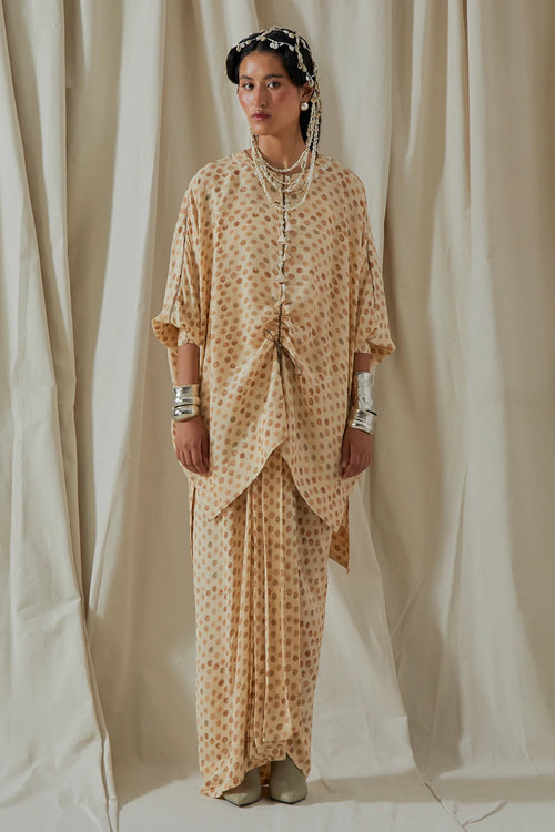 Ecru Kora Zuri Gilet With Printed Kurta And Skirt