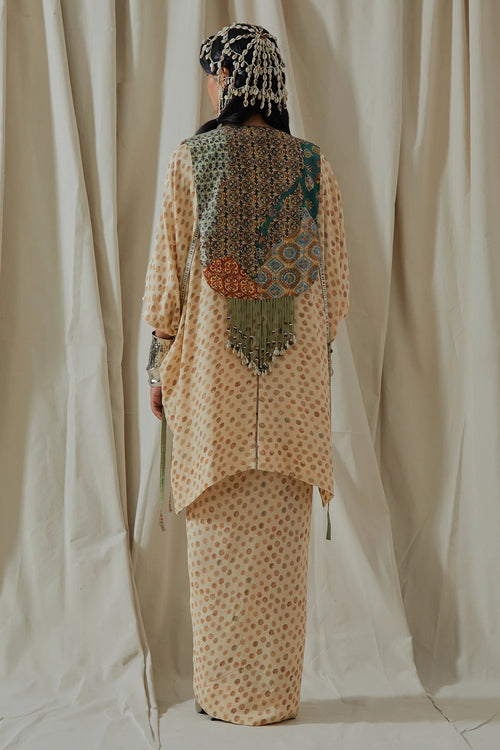 Ecru Kora Zuri Gilet With Printed Kurta And Skirt
