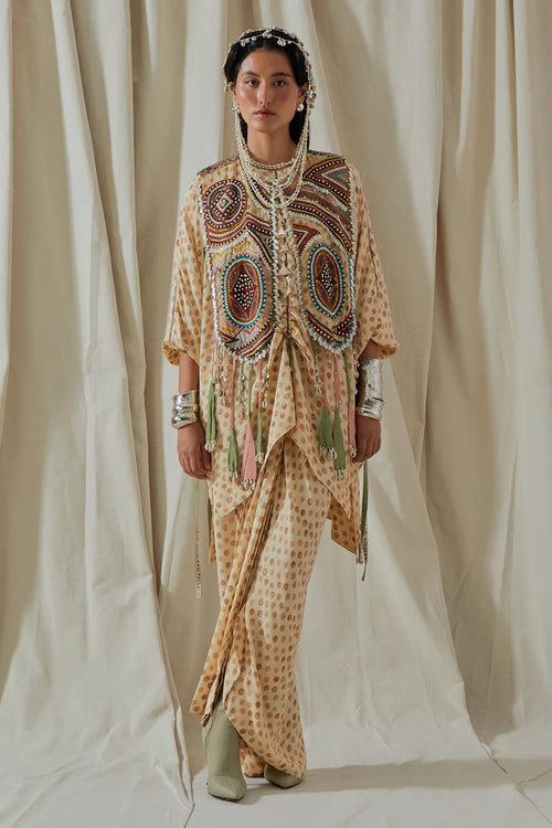 Ecru Kora Zuri Gilet With Printed Kurta And Skirt
