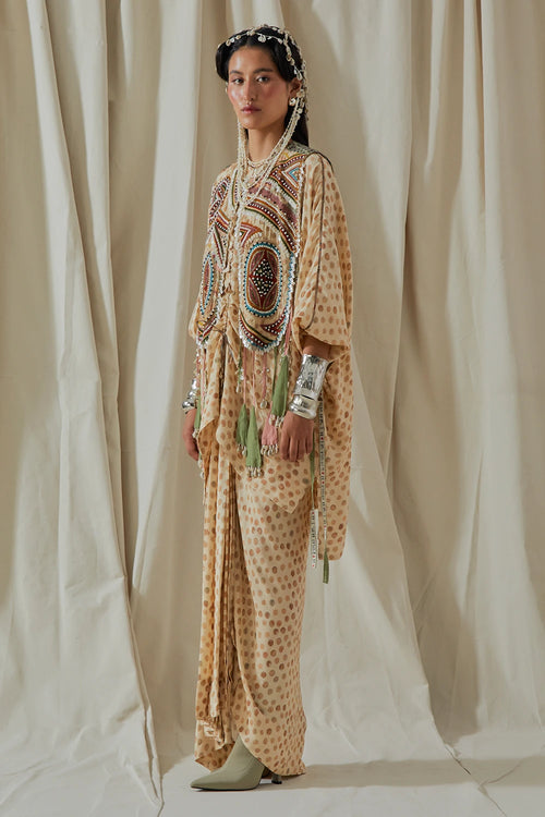 Ecru Kora Zuri Gilet With Printed Kurta And Skirt