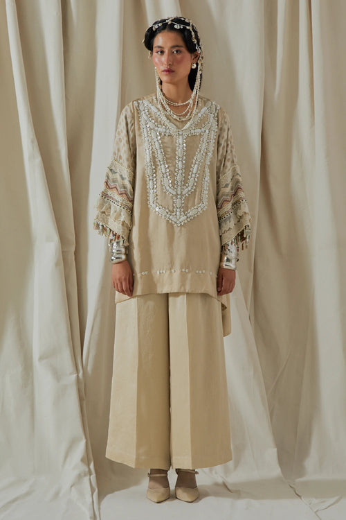 Ecru Kora Printed Mitra Short Kurta With Trousers
