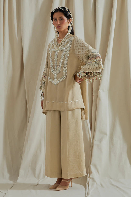 Ecru Kora Printed Mitra Short Kurta With Trousers