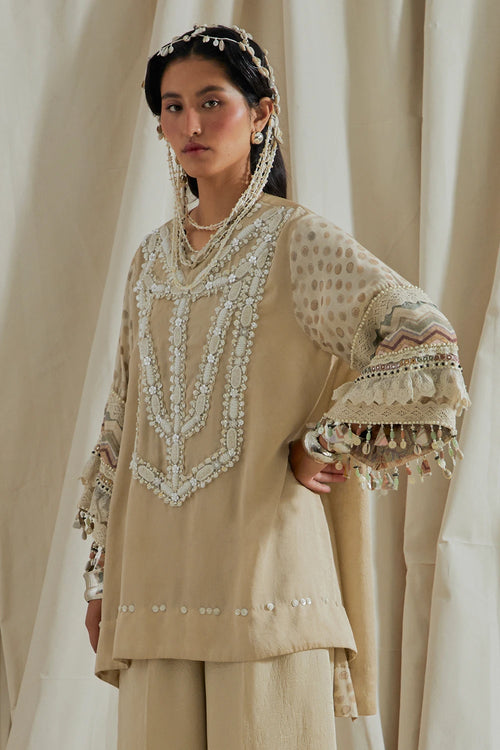 Ecru Kora Printed Mitra Short Kurta With Trousers