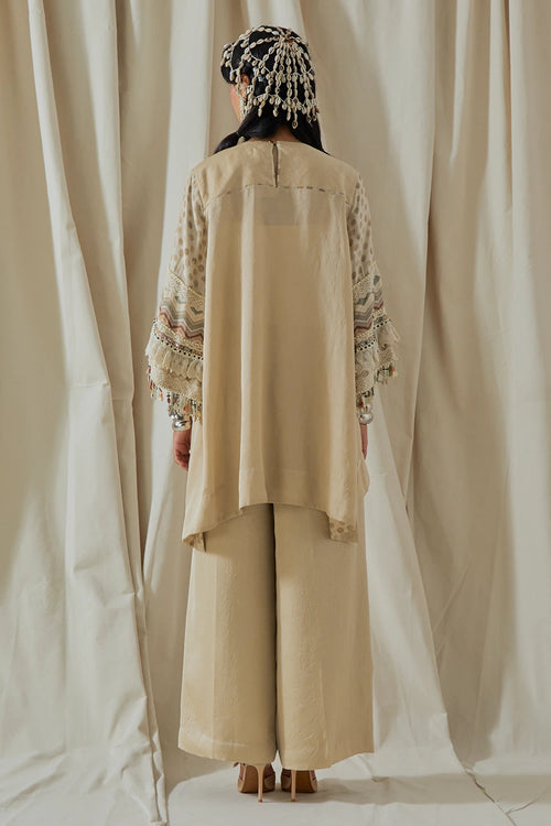 Ecru Kora Printed Mitra Short Kurta With Trousers