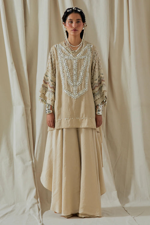 Ecru Kora Printed Mitra Short Kurta With Skirt