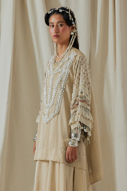 Ecru Kora Printed Mitra Short Kurta With Skirt