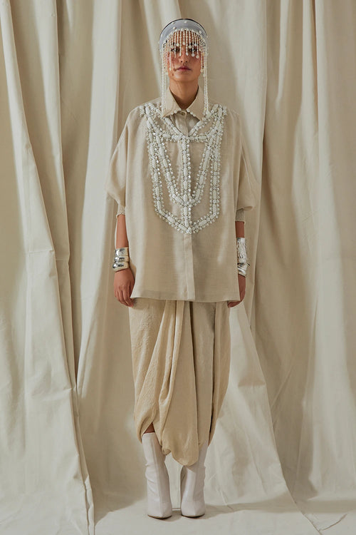 Ecru Kora Linen Mandala Shirt With Trousers