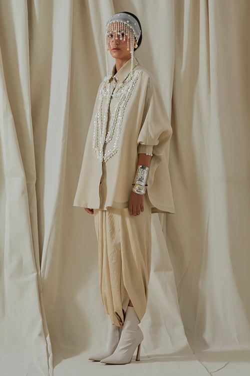 Ecru Kora Linen Mandala Shirt With Trousers
