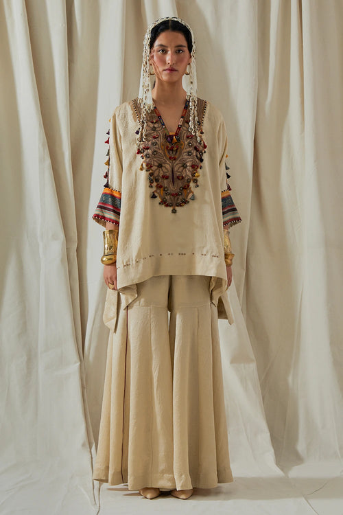 Ecru Kora Mitra Short Kurta With Flared Trousers