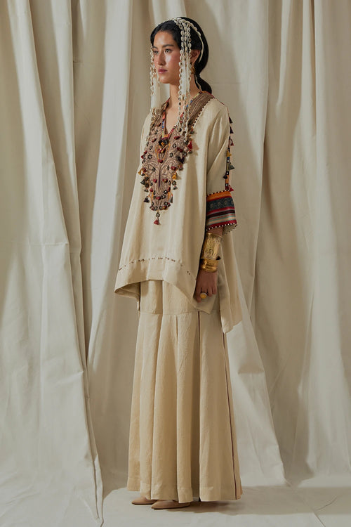 Ecru Kora Mitra Short Kurta With Flared Trousers