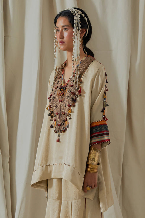 Ecru Kora Mitra Short Kurta With Flared Trousers