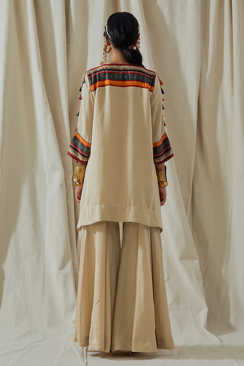 Ecru Kora Mitra Short Kurta With Flared Trousers